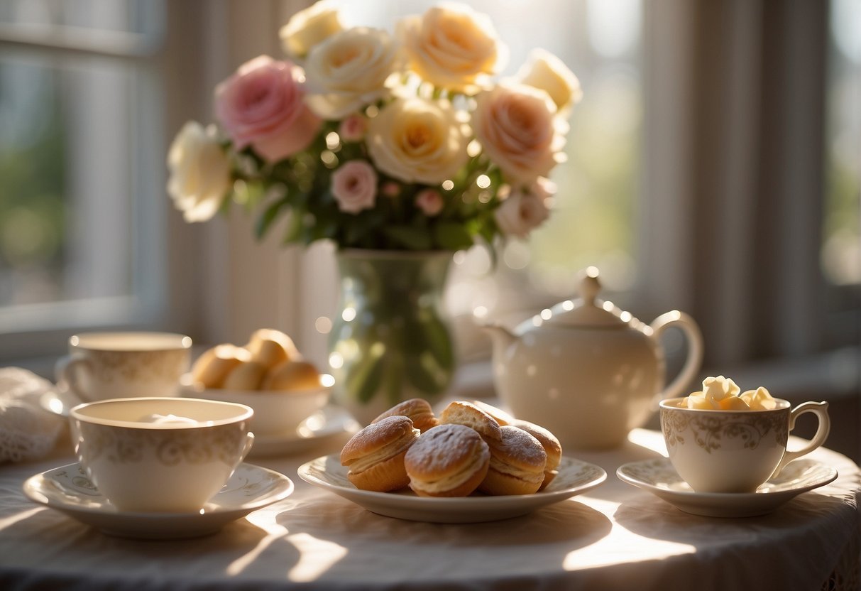 A table set with delicate teacups, a tiered tray of pastries, and a vase of fresh flowers. Sunlight streams through lace curtains, casting a warm glow on the scene