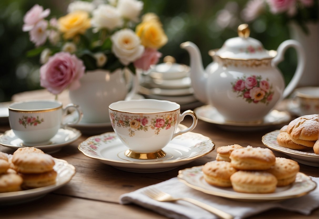 A table set with teacups, saucers, and a teapot. A plate of delicate pastries and sandwiches. A floral centerpiece and a stack of FAQ cards on hosting a tea party