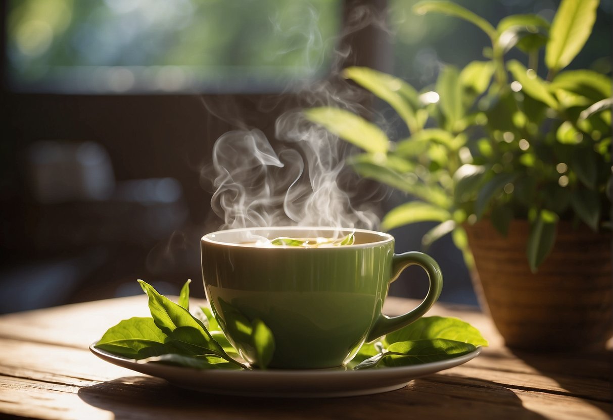 A steaming cup of green tea sits on a wooden table, surrounded by vibrant leaves and herbs. The sunlight filters through the window, casting a warm glow on the scene