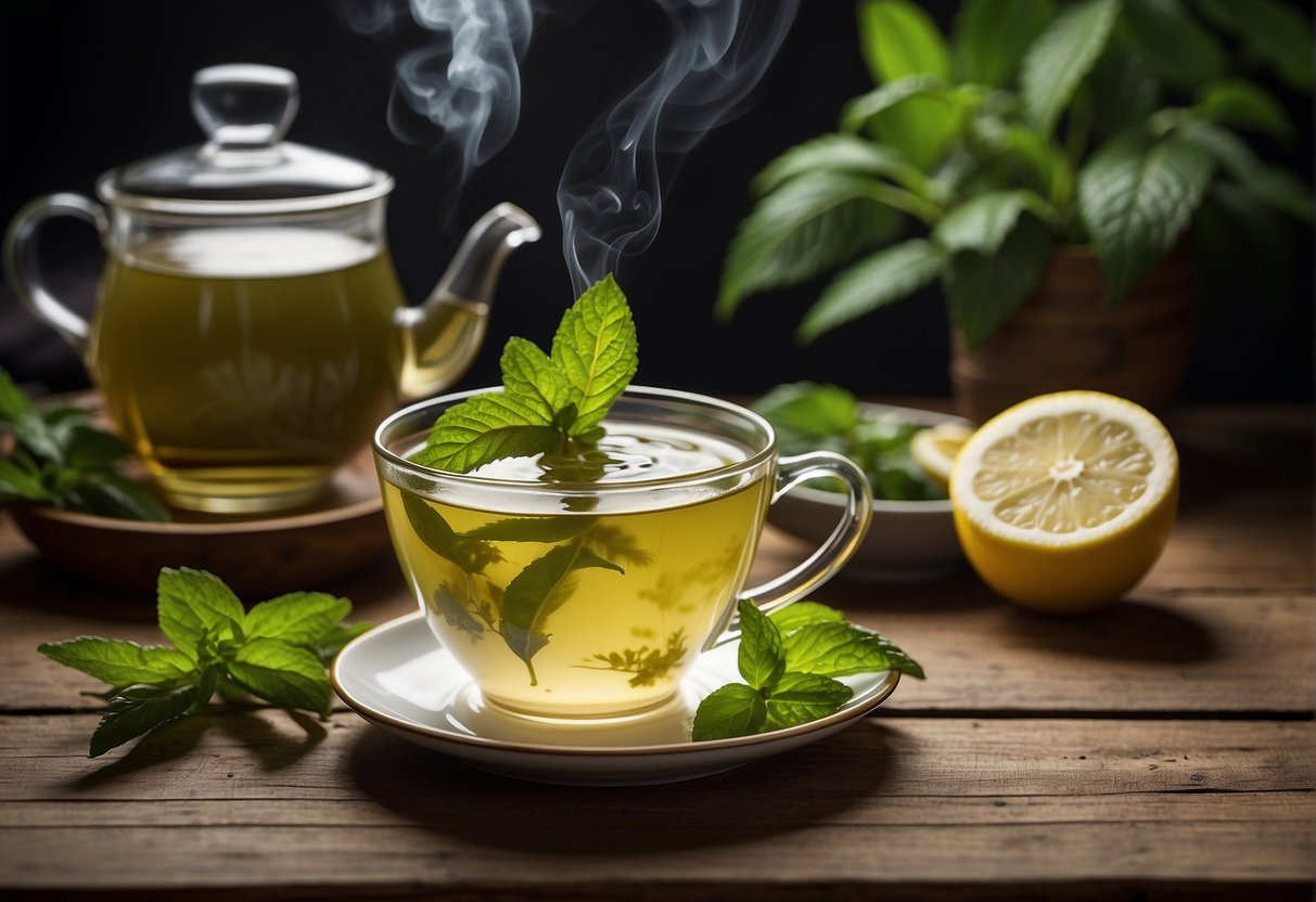 A steaming cup of green tea surrounded by fresh ginger, lemon, and mint leaves on a wooden table