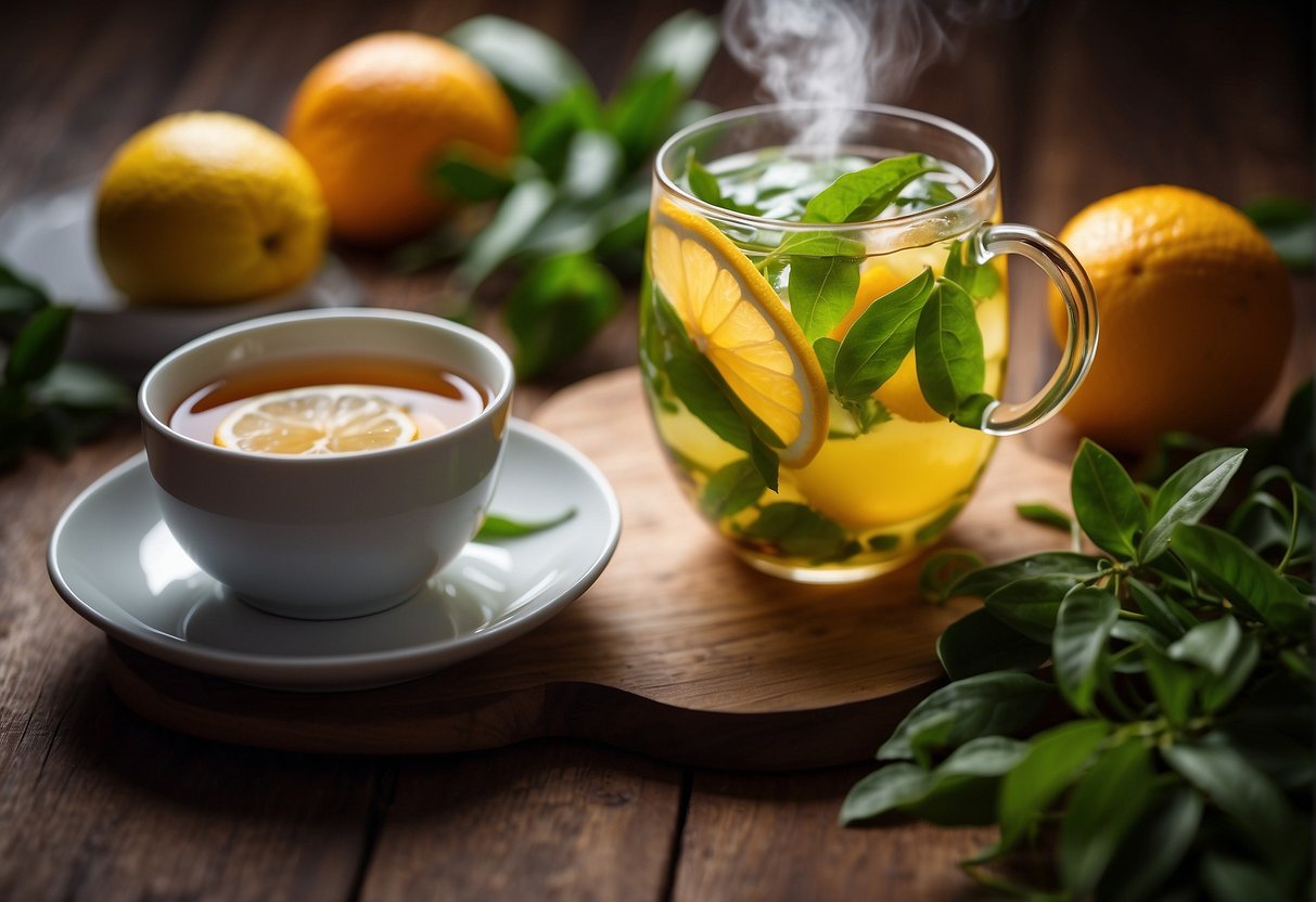 A steaming cup of energy-boosting tea sits on a wooden table, surrounded by vibrant green tea leaves and fresh citrus fruits