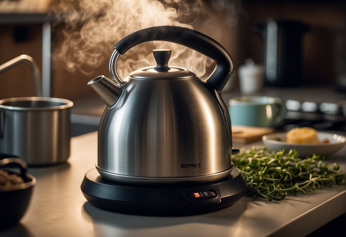 A kettle boils on a stove, steam rising. A variety of tea leaves and brewing tools are laid out on a clean, organized countertop