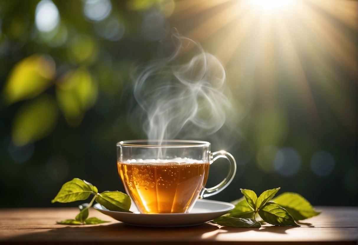 A steaming cup of tea surrounded by vibrant, energizing elements like sunlight, leaves, and a burst of energy radiating from the cup