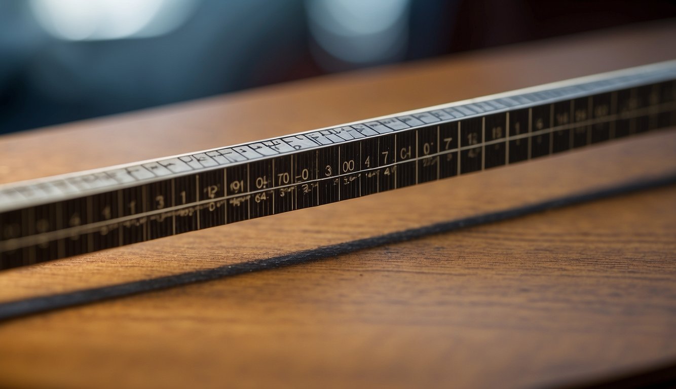 A ruler measures the diameter of a guitar string. The gauge number is noted
