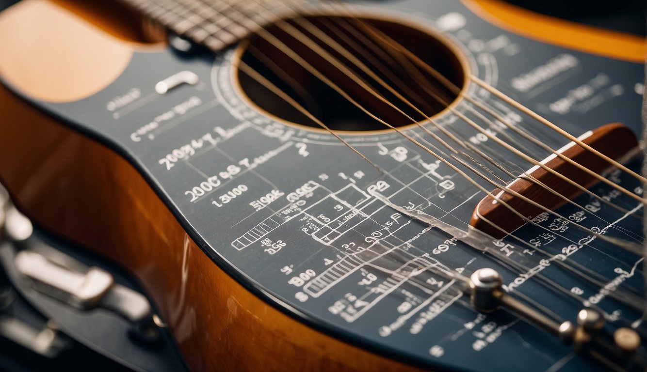 A close-up of a guitar with a ruler measuring the thickness of the strings. Various gauges and a chart are visible in the background