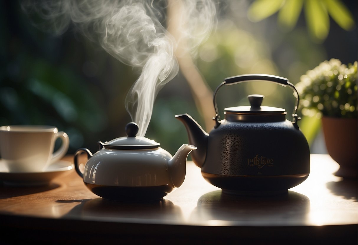 A teapot sits on a table with a steaming cup next to it. A timer ticks away as loose tea leaves steep in the hot water