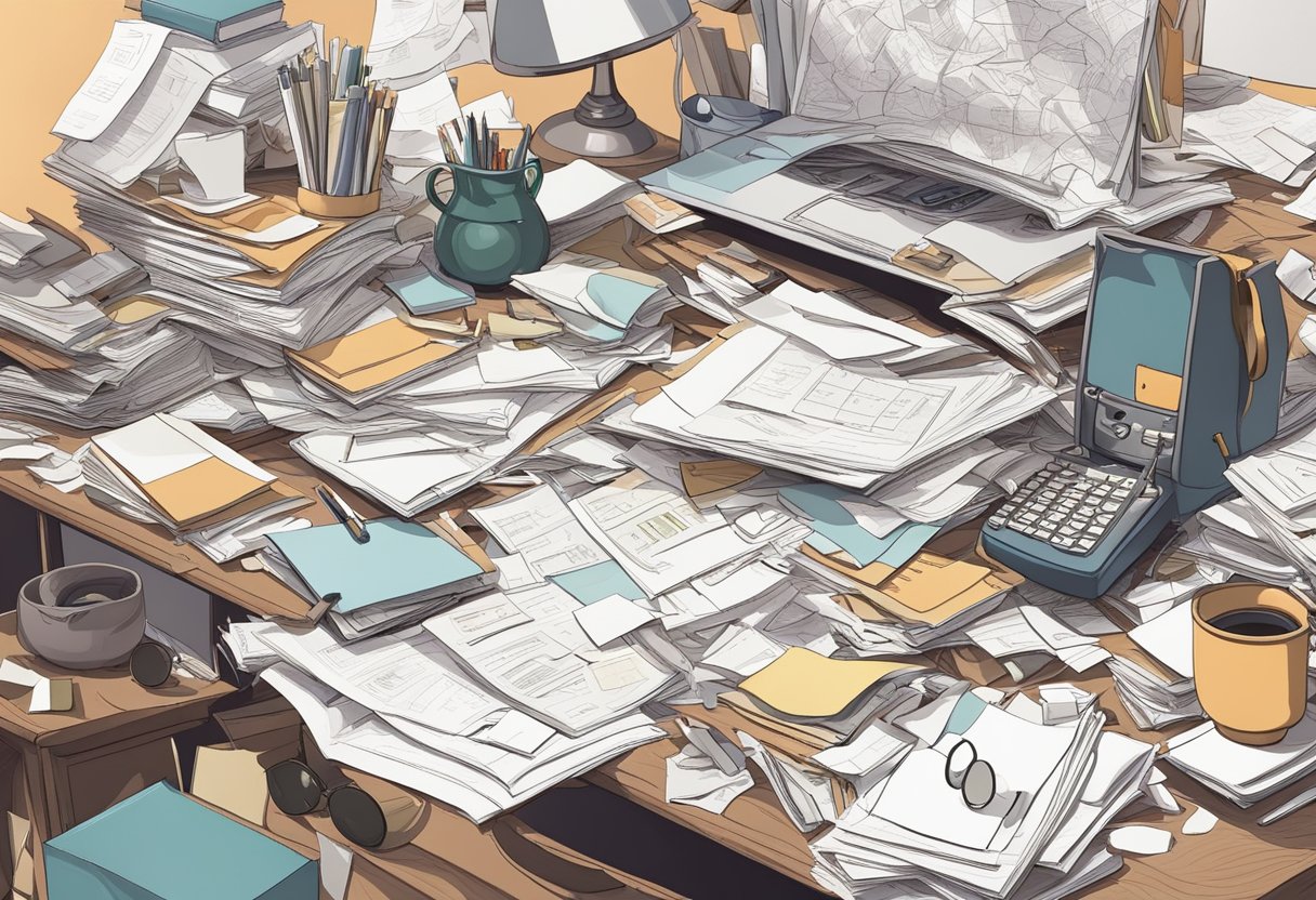 A cluttered desk with scattered papers and a tangled mess of emotions and romantic desires