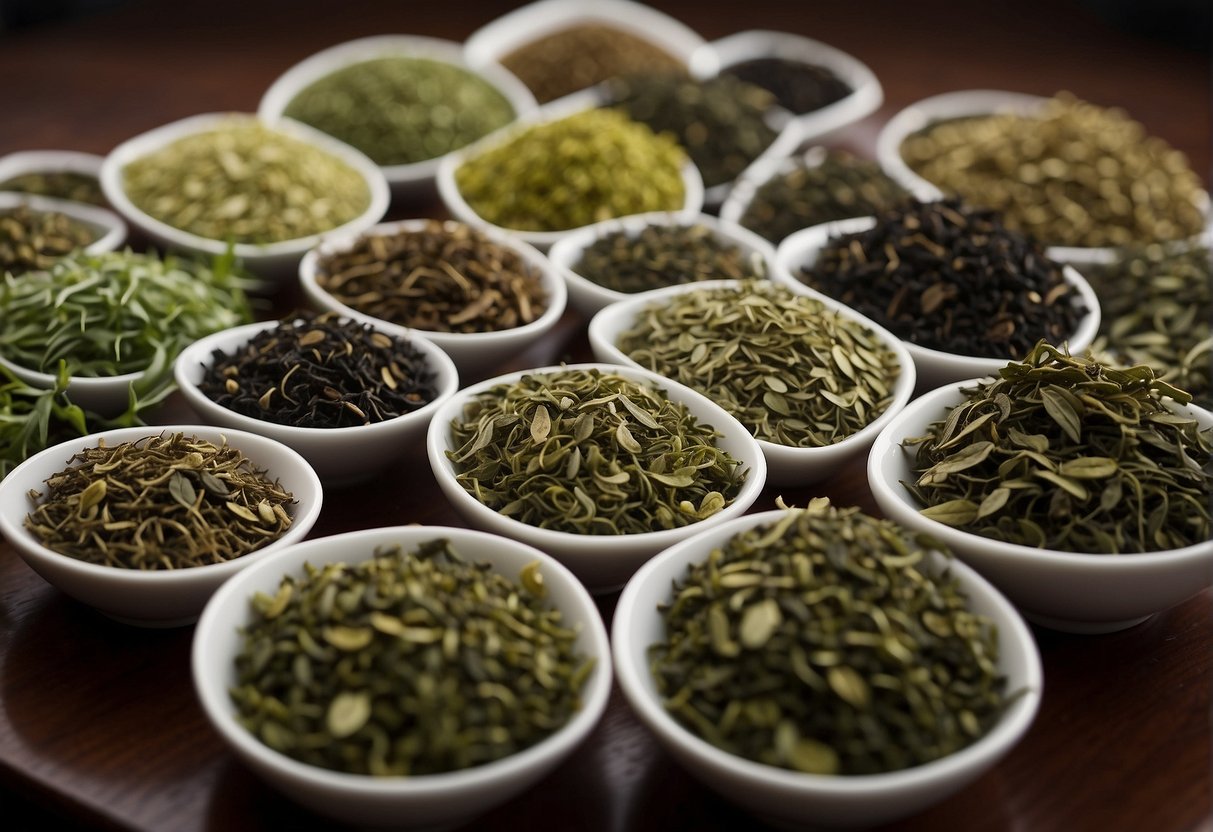 A variety of tea leaves, including black, green, and oolong, displayed alongside their respective origin countries such as China, India, and Sri Lanka