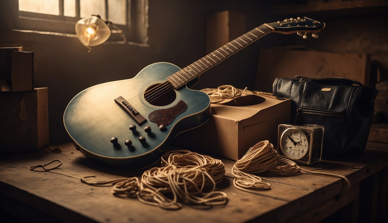 A guitar with worn strings lies on a dusty shelf, surrounded by discarded packaging and a clock showing the hours passing by