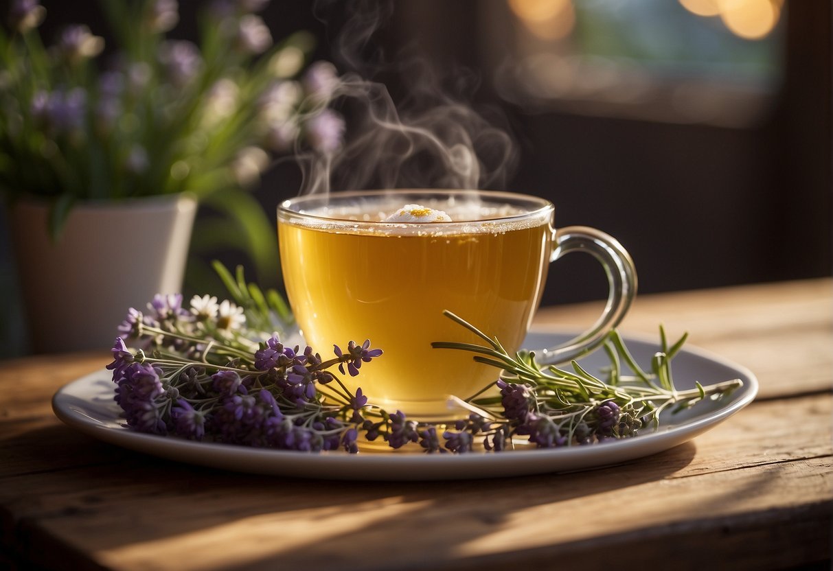 A steaming cup of chamomile tea sits on a wooden table, surrounded by fresh lavender and peppermint leaves. A soft, warm light illuminates the scene, creating a soothing atmosphere