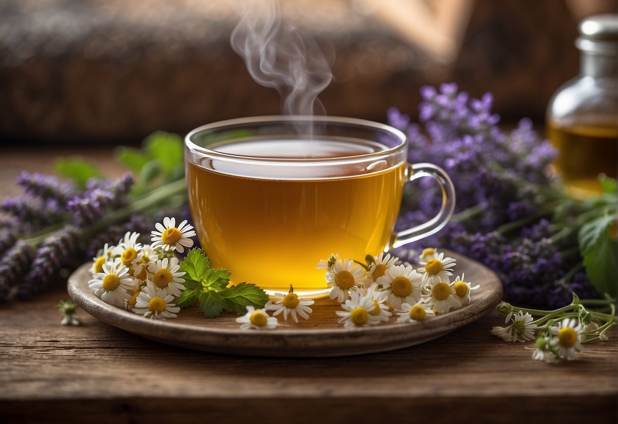 A steaming cup of chamomile tea with a sprig of mint sits on a wooden table next to a bottle of lavender essential oil and a bundle of dried feverfew herbs