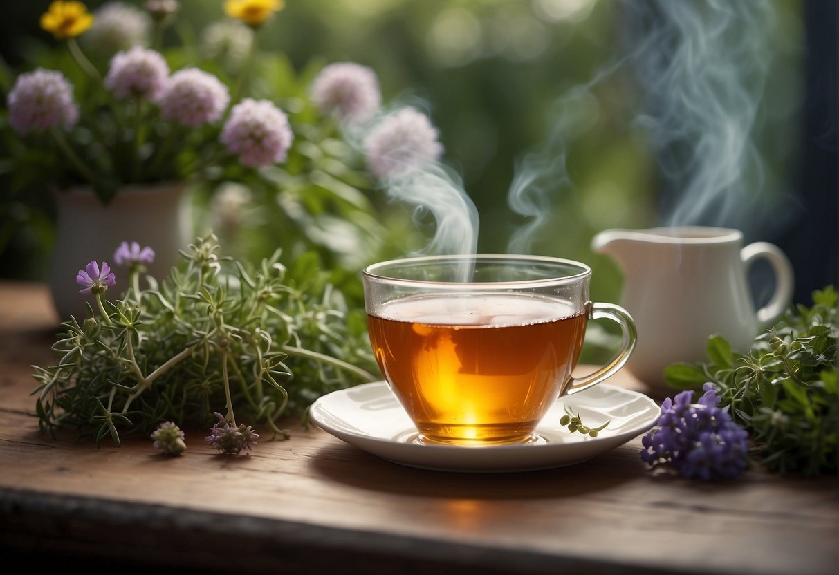 A steaming cup of herbal tea surrounded by a variety of fresh herbs and flowers, with a gentle wisp of steam rising from the surface