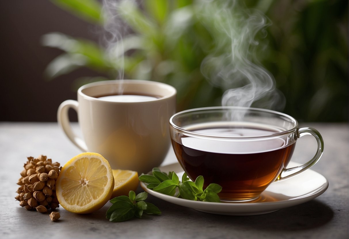 Steam rises from a cup of herbal tea, surrounded by ingredients like ginger, honey, and lemon. A book on brewing techniques sits nearby