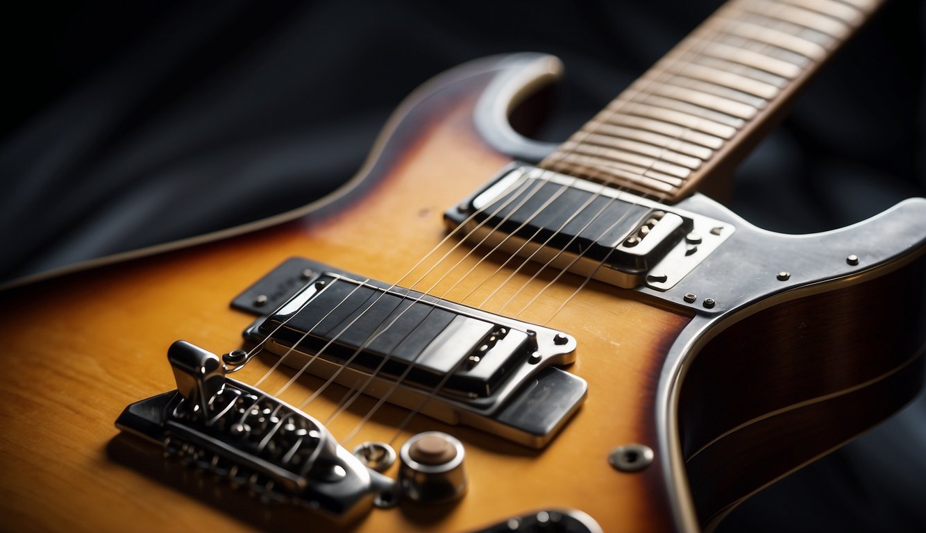 A guitar neck bends under high string tension, while the strings appear taut and stretched across the fretboard