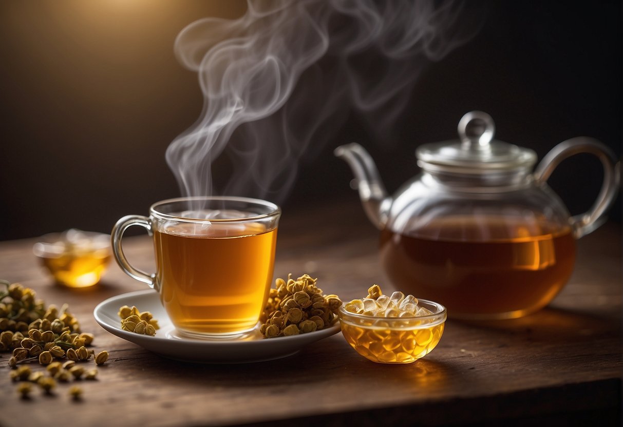 A steaming cup of herbal tea surrounded by cough drops and a soothing honey jar