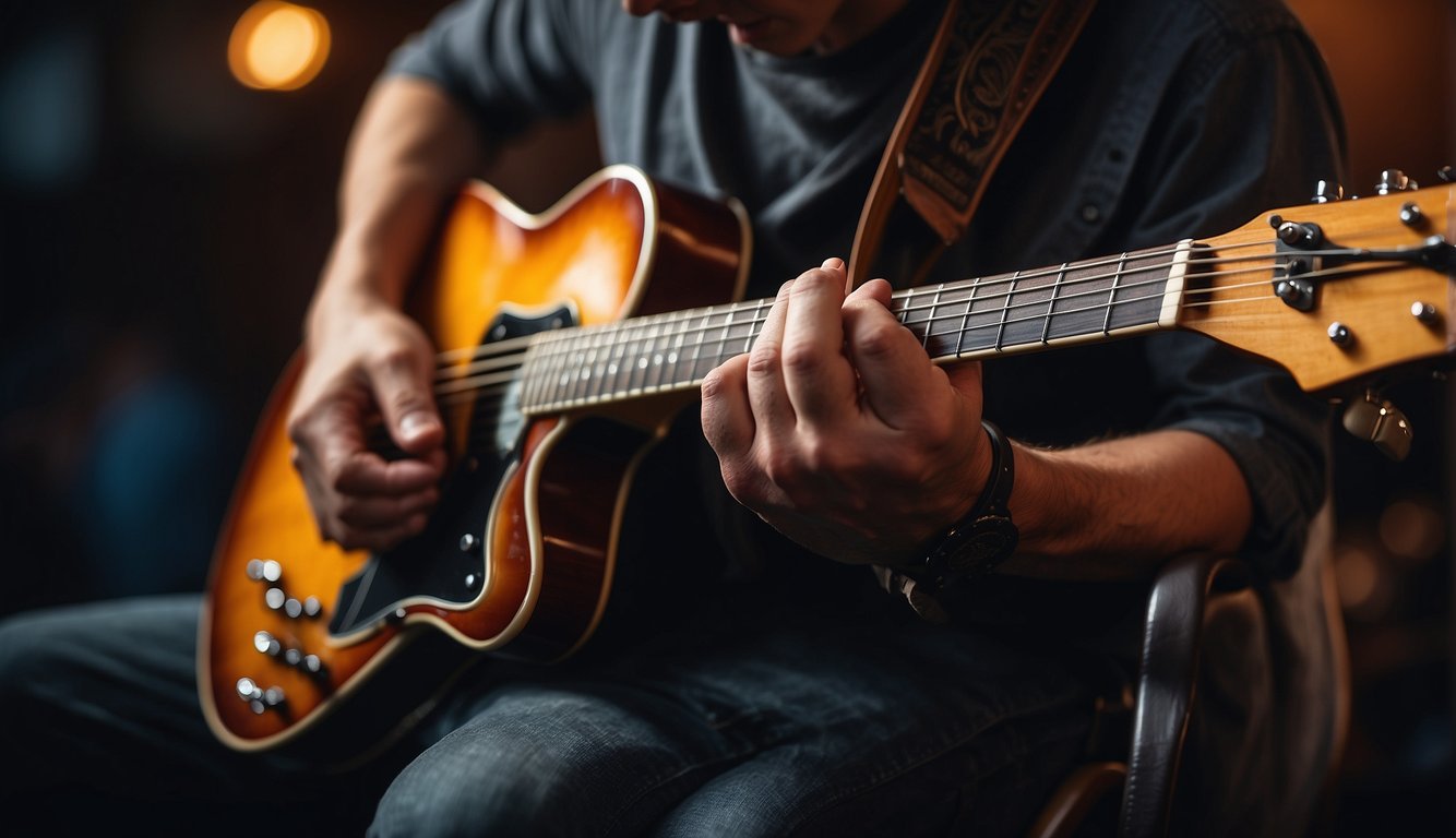 A guitarist's fingers struggle to press down on the taut strings, creating a tense and strained atmosphere
