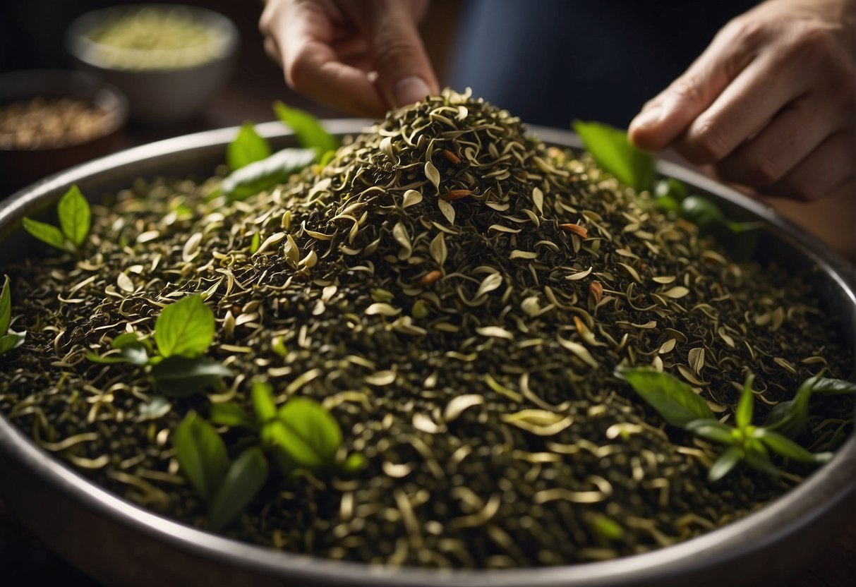 A pile of tea leaves, herbs, and spices are being carefully measured and mixed in a clean, well-lit kitchen