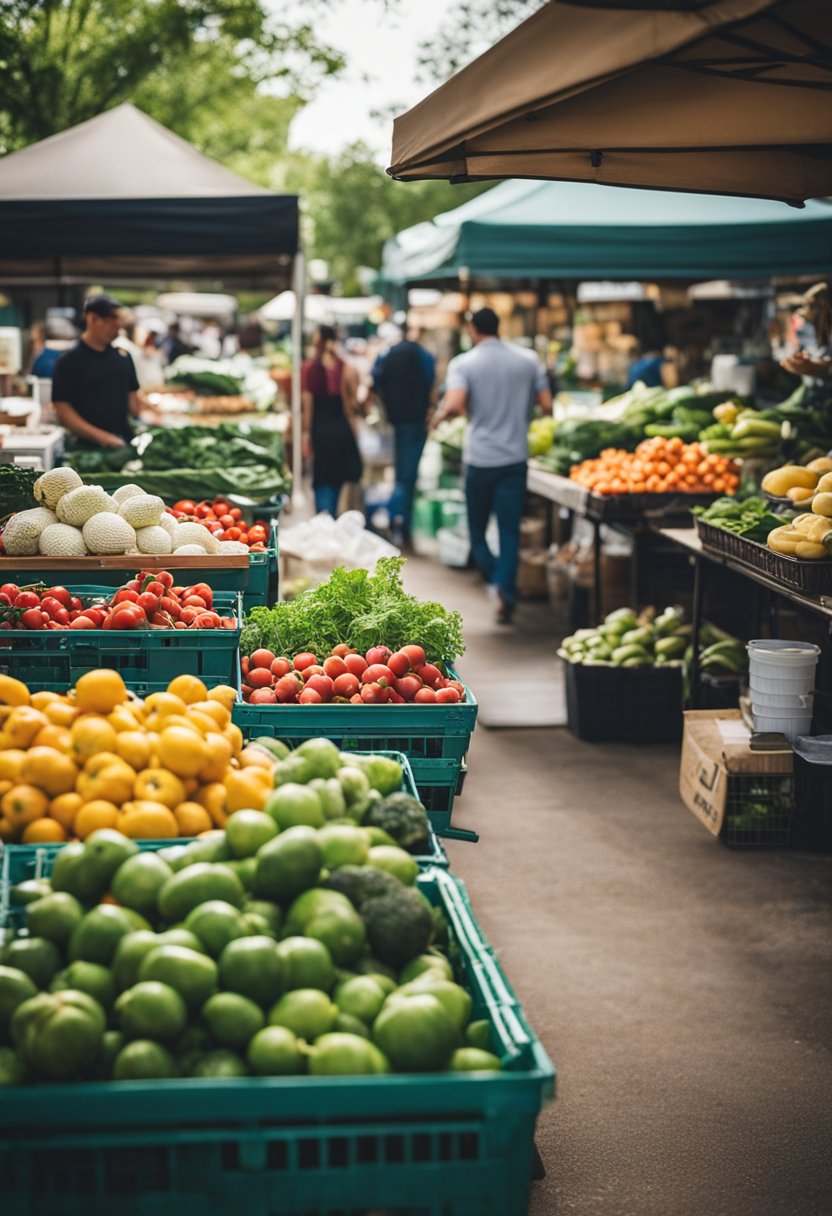 The bustling Da' Shack Farmers Market in Waco, with vibrant stalls and fresh produce, exudes a lively and inviting atmosphere