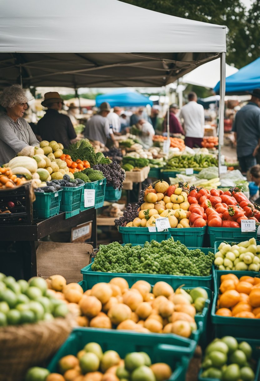 Lively farmer's market at Waco Farms, bustling with vendors and shoppers. Colorful produce, handmade goods, and lively atmosphere