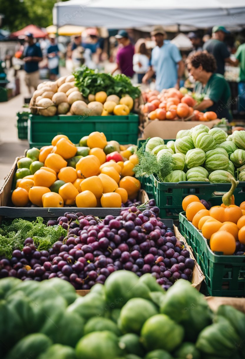 The bustling Bridge Street Farmers Market in Waco, featuring a vibrant array of fresh produce, local goods, and lively community interaction
