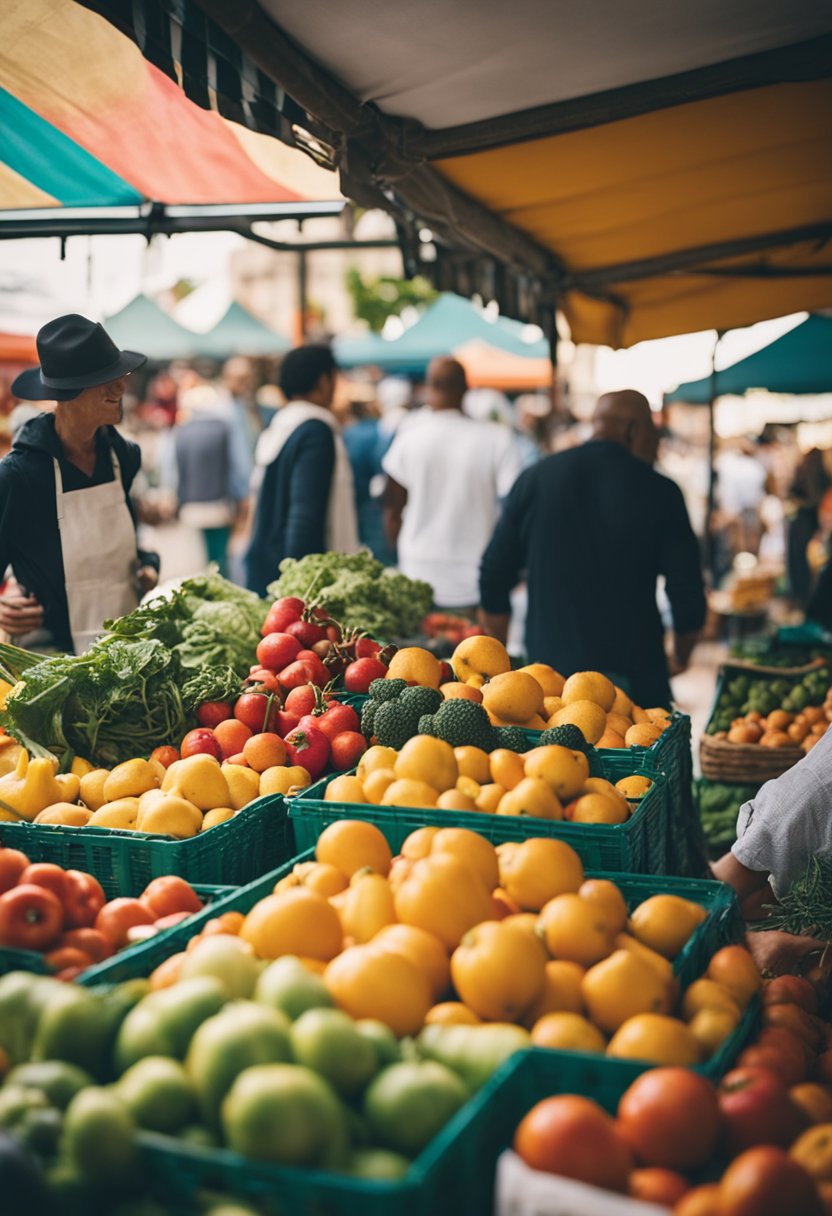 A bustling farmer's market with colorful stalls and a variety of fresh produce, artisan goods, and local crafts. The market is filled with people browsing and chatting, creating a lively and vibrant atmosphere