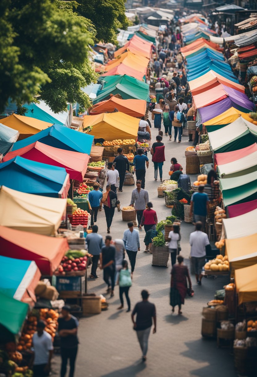 Colorful tents line the bustling market, showcasing fresh produce and artisan goods. Aromas of ripe fruit and sizzling food fill the air as visitors explore the vibrant stalls