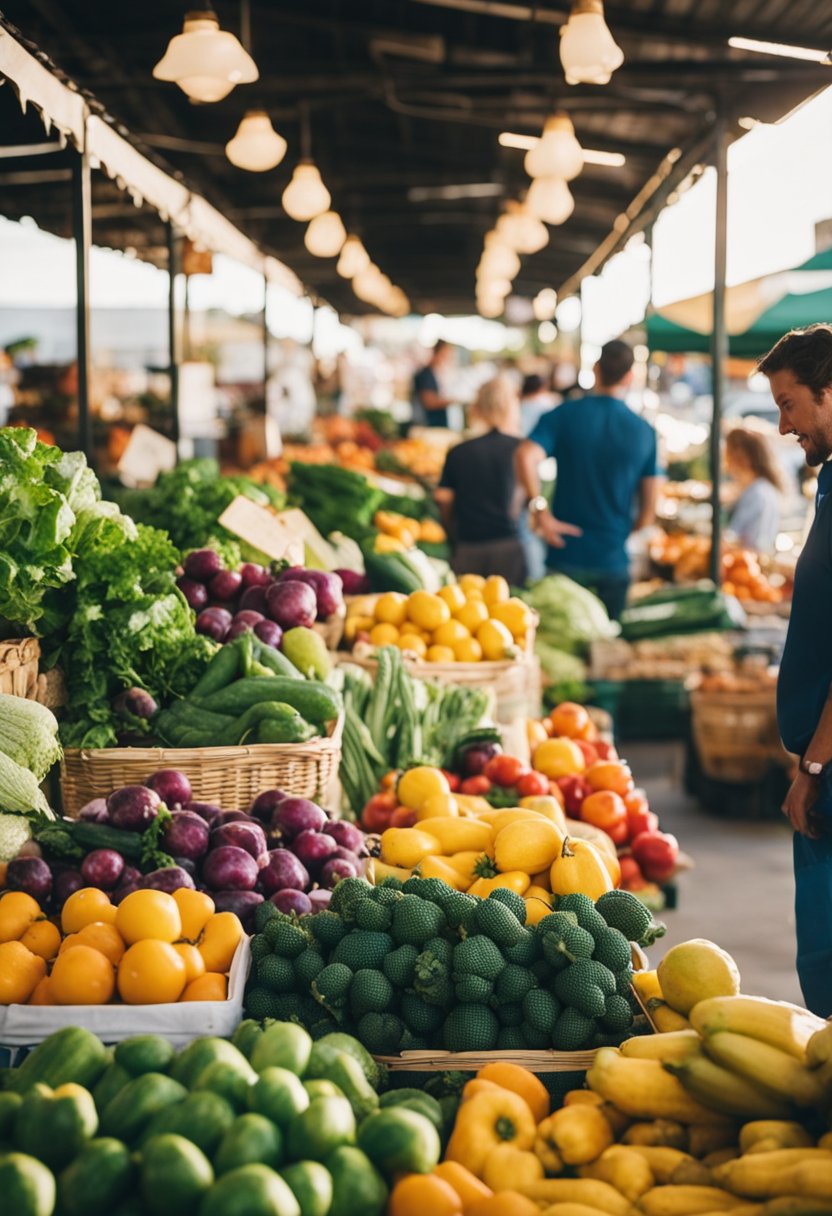 Vibrant farmer's market scene with colorful produce, bustling crowds, and local vendors selling fresh goods in Waco, Texas
