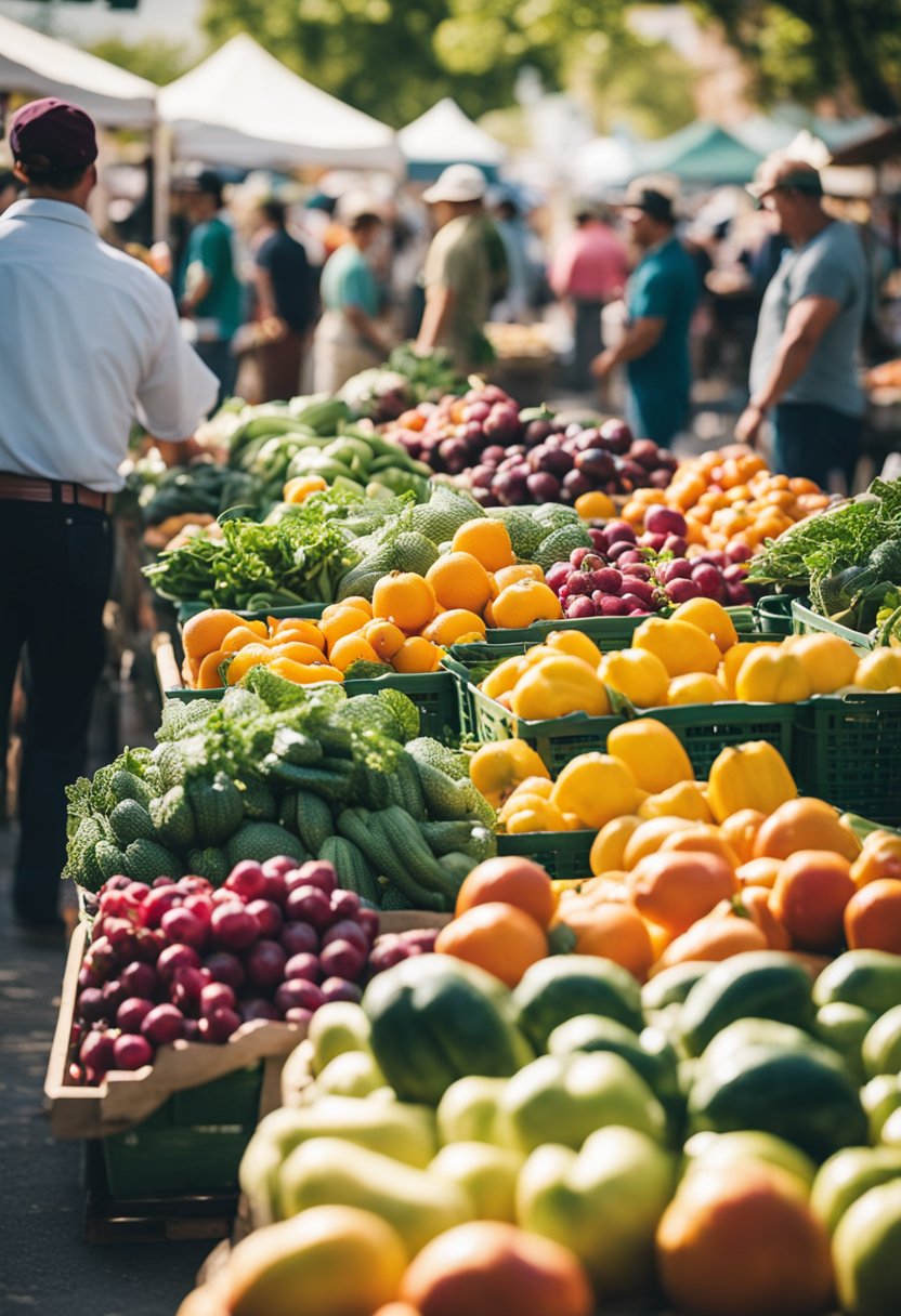 Vibrant farmer's market scene with colorful produce, bustling crowds, and vendors selling fresh goods in Waco