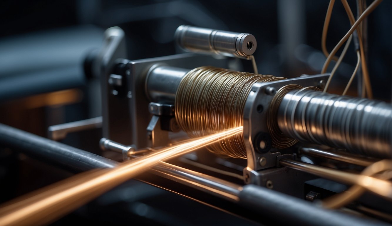 A machine winds metal wire into coils, cuts to length, and wraps around a core, creating guitar strings
