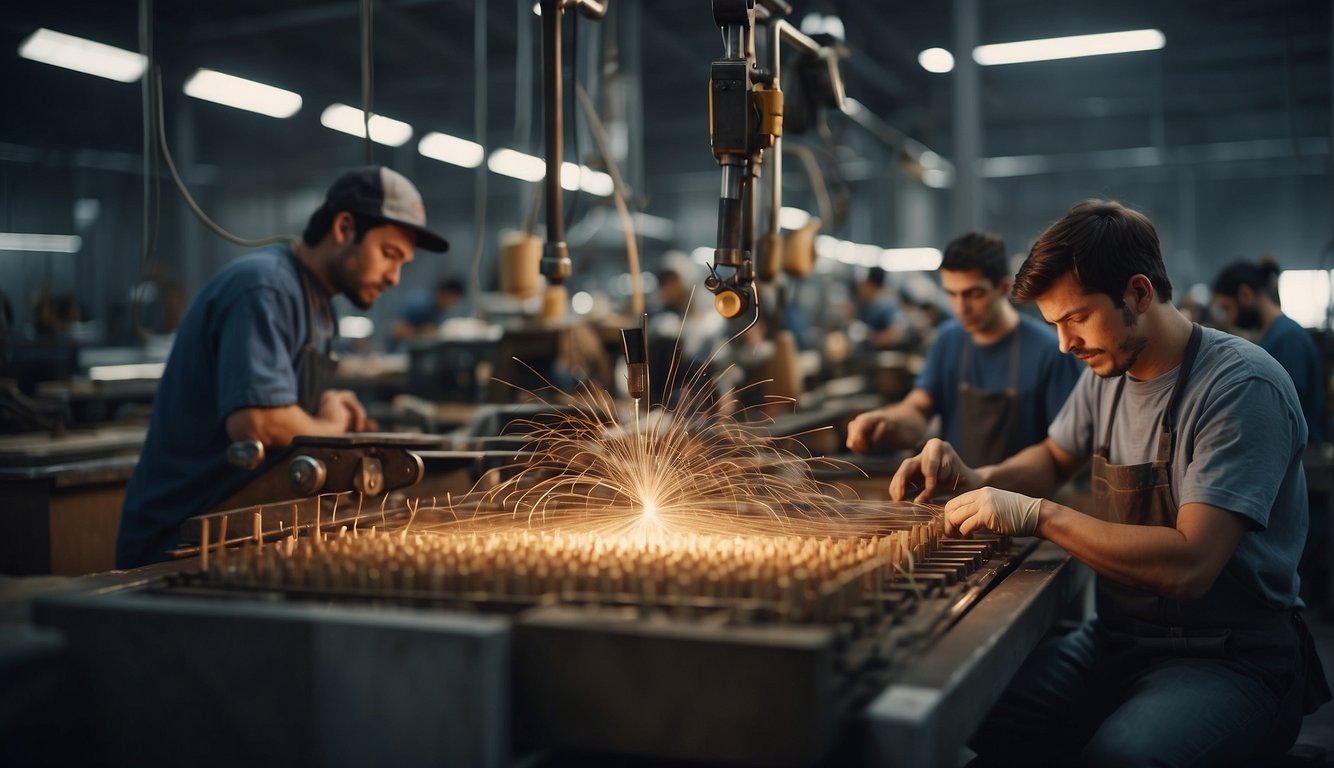 A factory scene with machines and workers creating guitar strings from raw materials