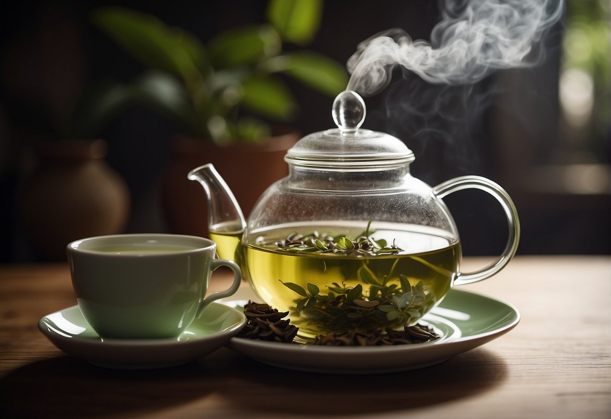 A timer set for green tea steeping, a steaming teapot, and a teacup on a saucer