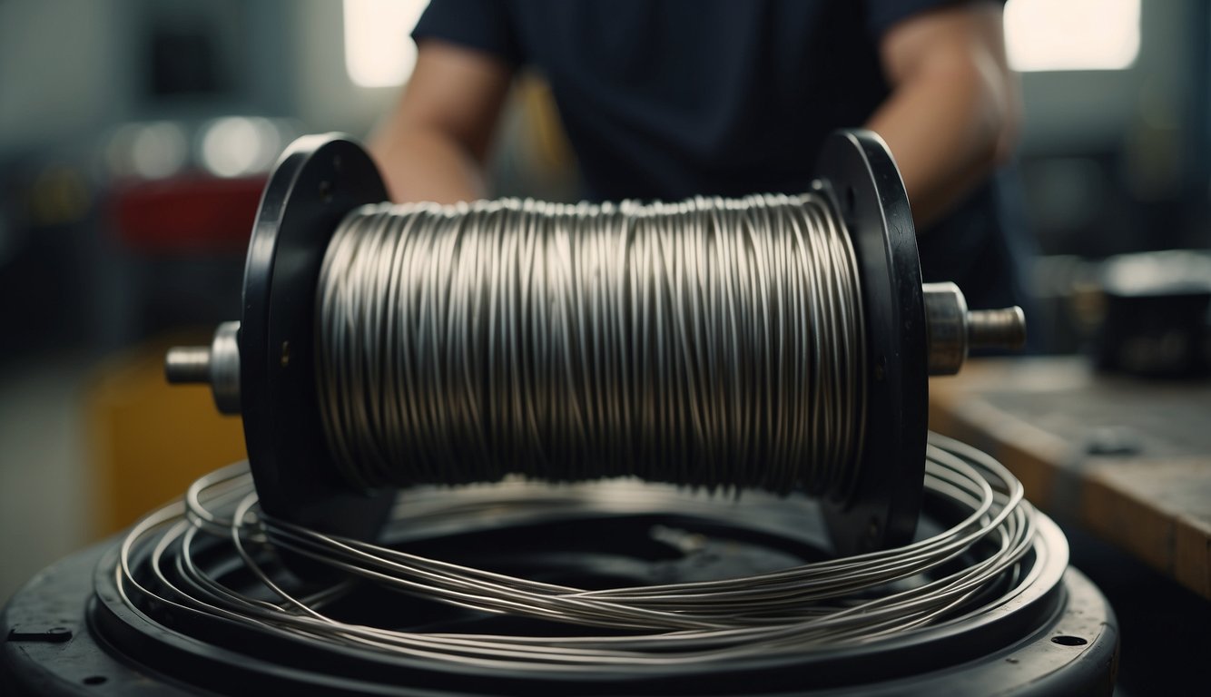 Metal wire being spun, cut, and wound onto spools. Coils of wire being stretched and twisted into guitar strings