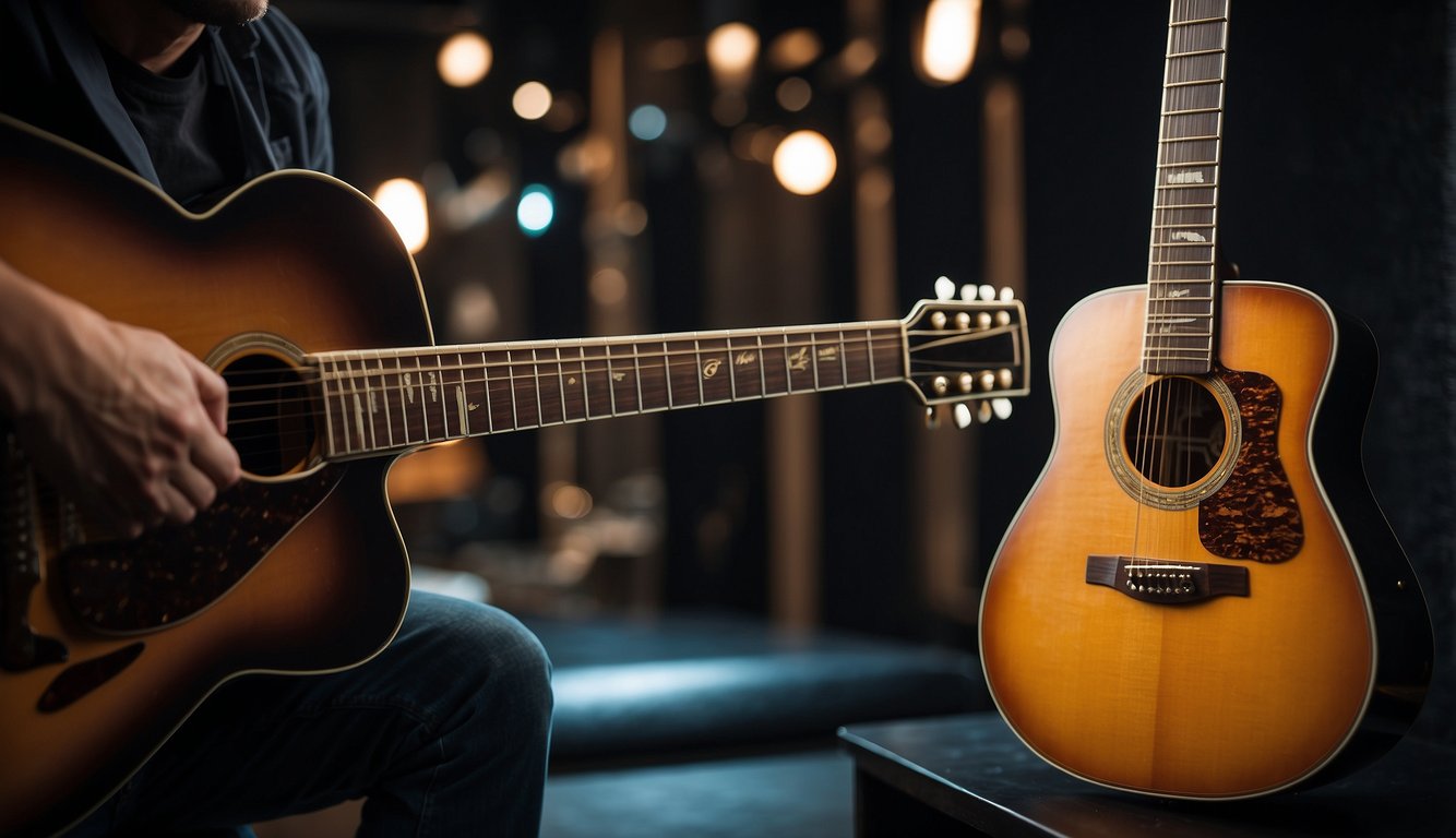 An acoustic guitar and an electric guitar are placed side by side, with the acoustic guitar's strings vibrating and producing a softer, more natural sound compared to the electric guitar's louder, more amplified sound