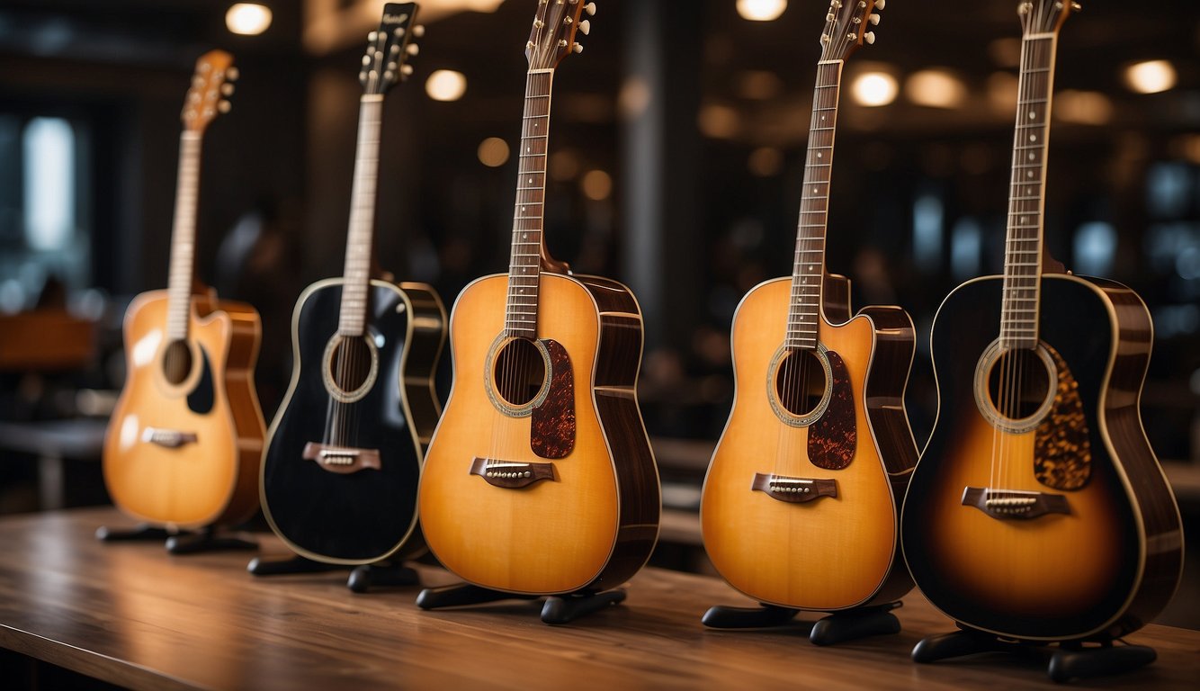 Acoustic and electric guitars side by side, each with a different set of strings. The acoustic guitar has bronze strings, while the electric guitar has steel strings