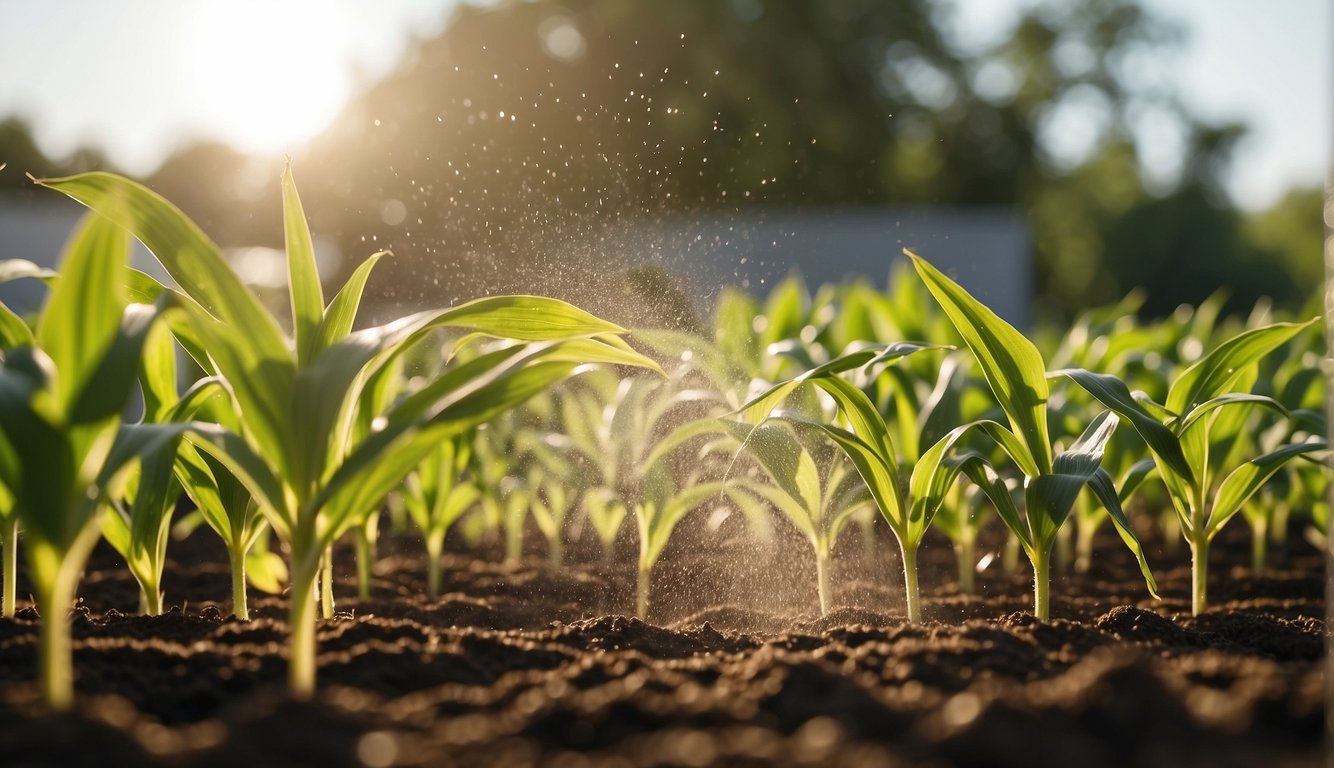 Corn seeds being planted in large pots, soil being watered, and pots placed in a sunny area. Regular watering and fertilizing to ensure healthy growth