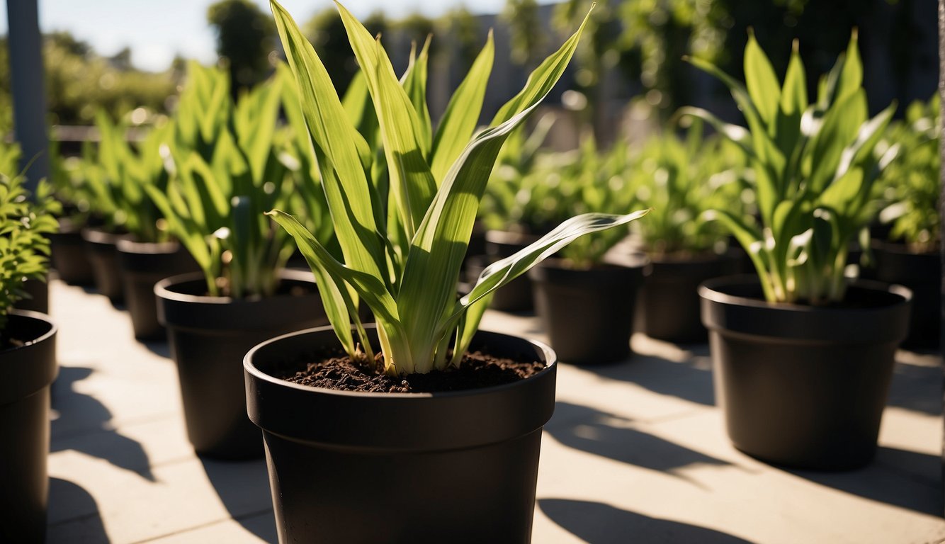 Lush green corn stalks growing in large containers, stretching towards the sun. The containers are placed on a sunny patio, surrounded by other potted plants