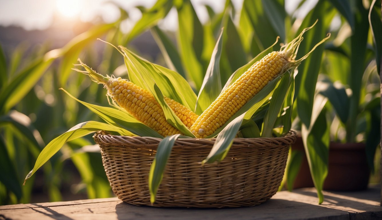 Corn stalks being harvested, ears of corn being collected and stored in a basket. A pot with a healthy corn plant growing on a sunny windowsill