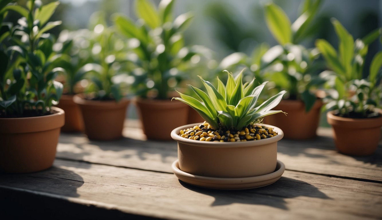 A small pot with a healthy corn plant growing inside, surrounded by other potted plants