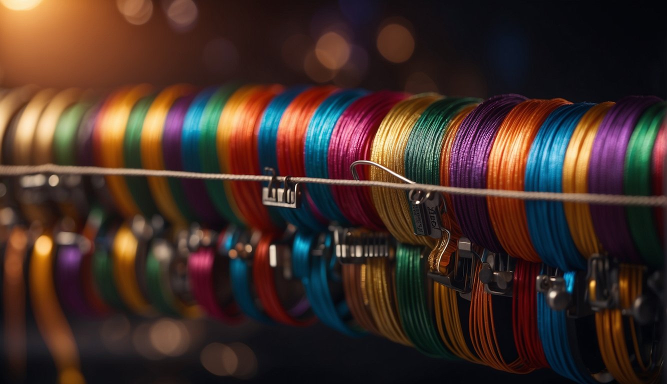 Colorful guitar strings arranged by style, with labels for "easy play" types