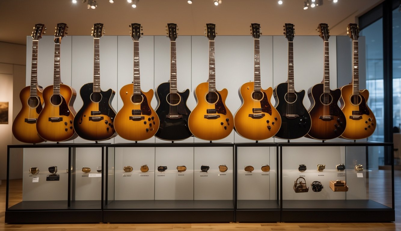 A display of iconic guitar brands lined up in a museum, showcasing the evolution of guitar design and craftsmanship