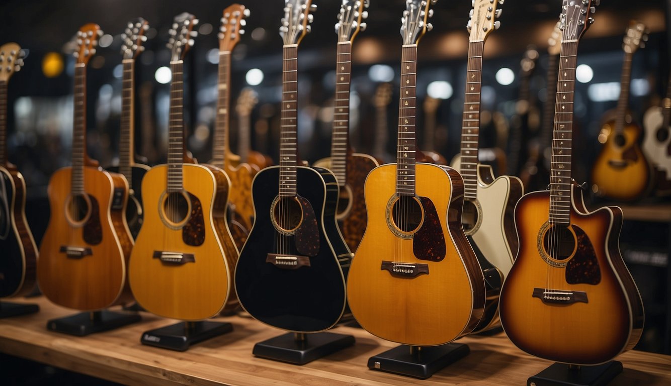 A group of guitars lined up on a display stand, each with a different brand name and logo prominently displayed. A person is carefully examining and comparing the features of each guitar