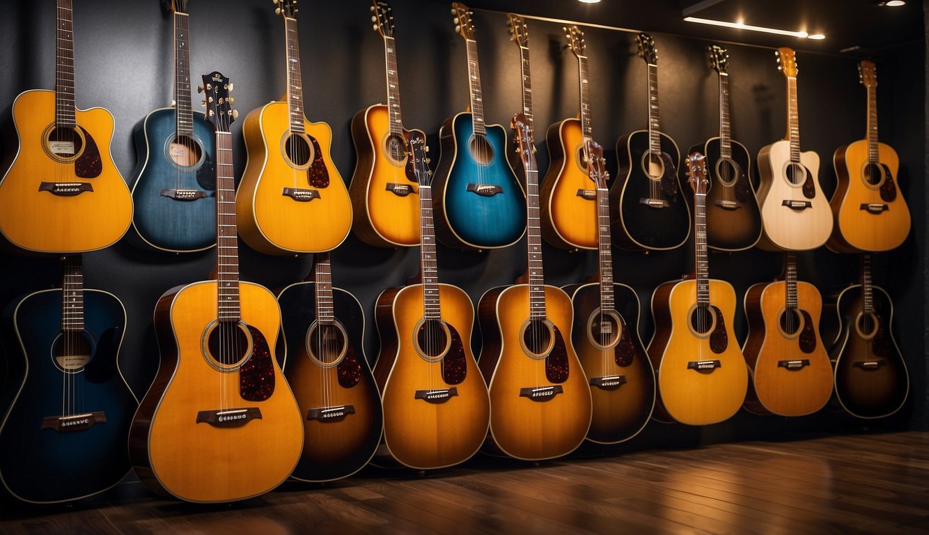 A collection of iconic acoustic guitar brands displayed on a wall, each with its distinct logo and design, symbolizing the debate over the best guitar brand