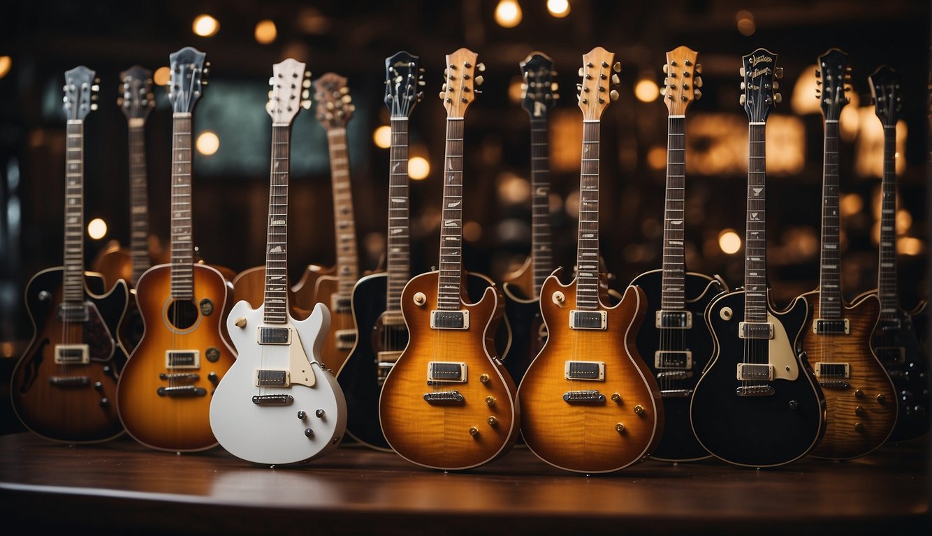 A variety of guitar accessories and modifications are displayed, including strings, picks, tuners, and pedals. A collection of different guitar brands are showcased, with their logos prominently featured
