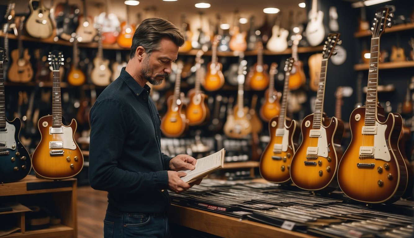A person comparing different guitar brands in a music store, surrounded by shelves of guitars and reading a "Buying Guide and Final Recommendations" pamphlet