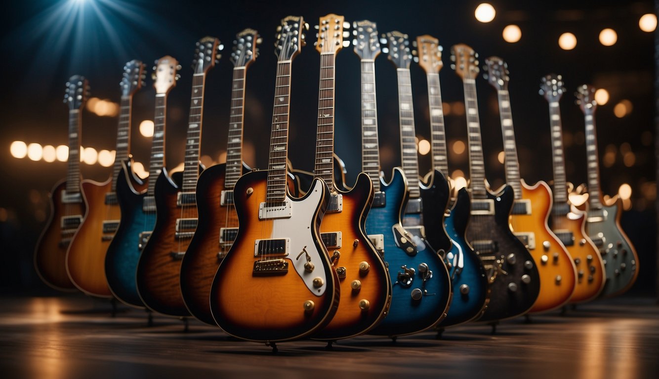 A row of iconic guitar brands displayed on a stage, with spotlights shining on each one, creating a dramatic and captivating scene