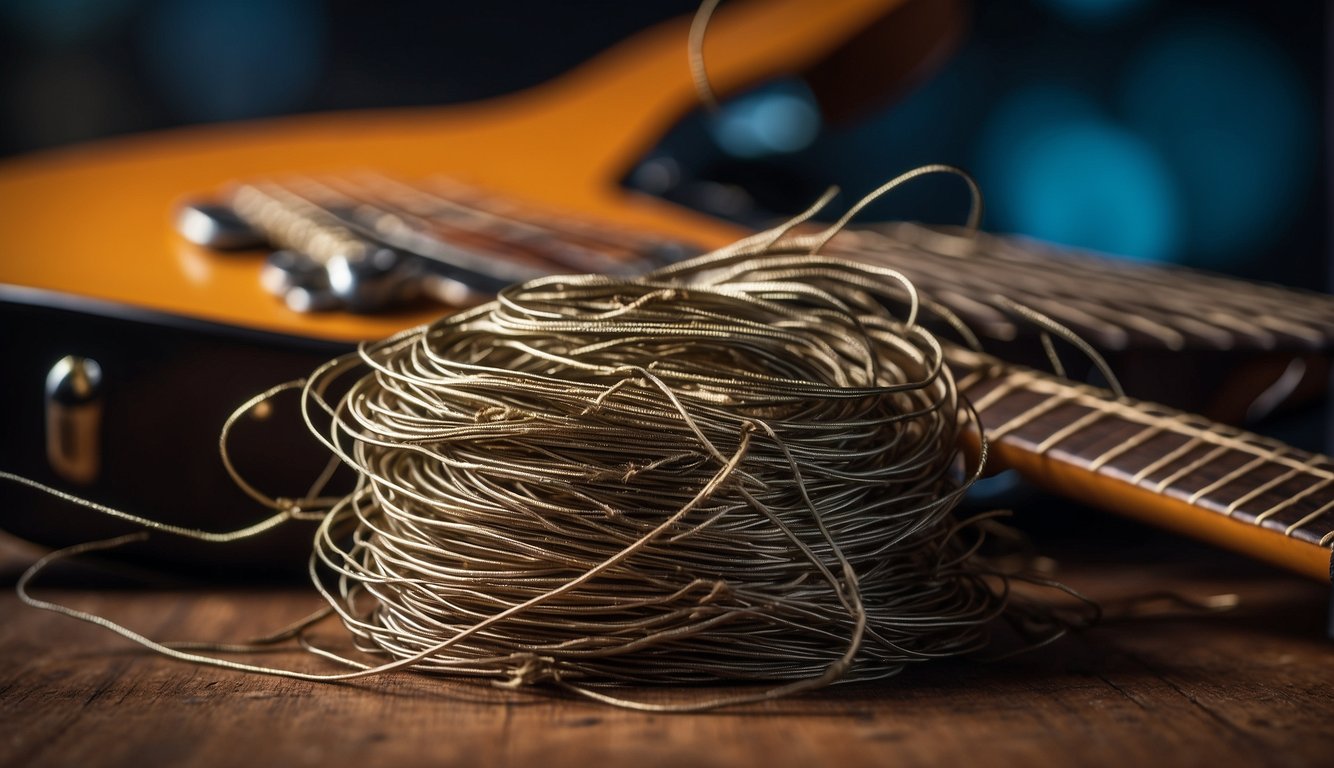 A pile of guitar strings next to a warning label and a list of industry standards