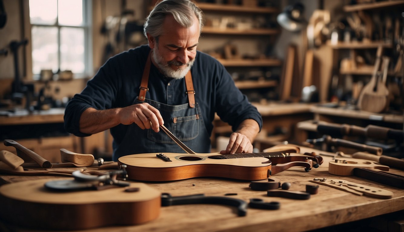 A luthier in a workshop, surrounded by tools and wood, carefully crafting a guitar with six strings, referencing historical designs
