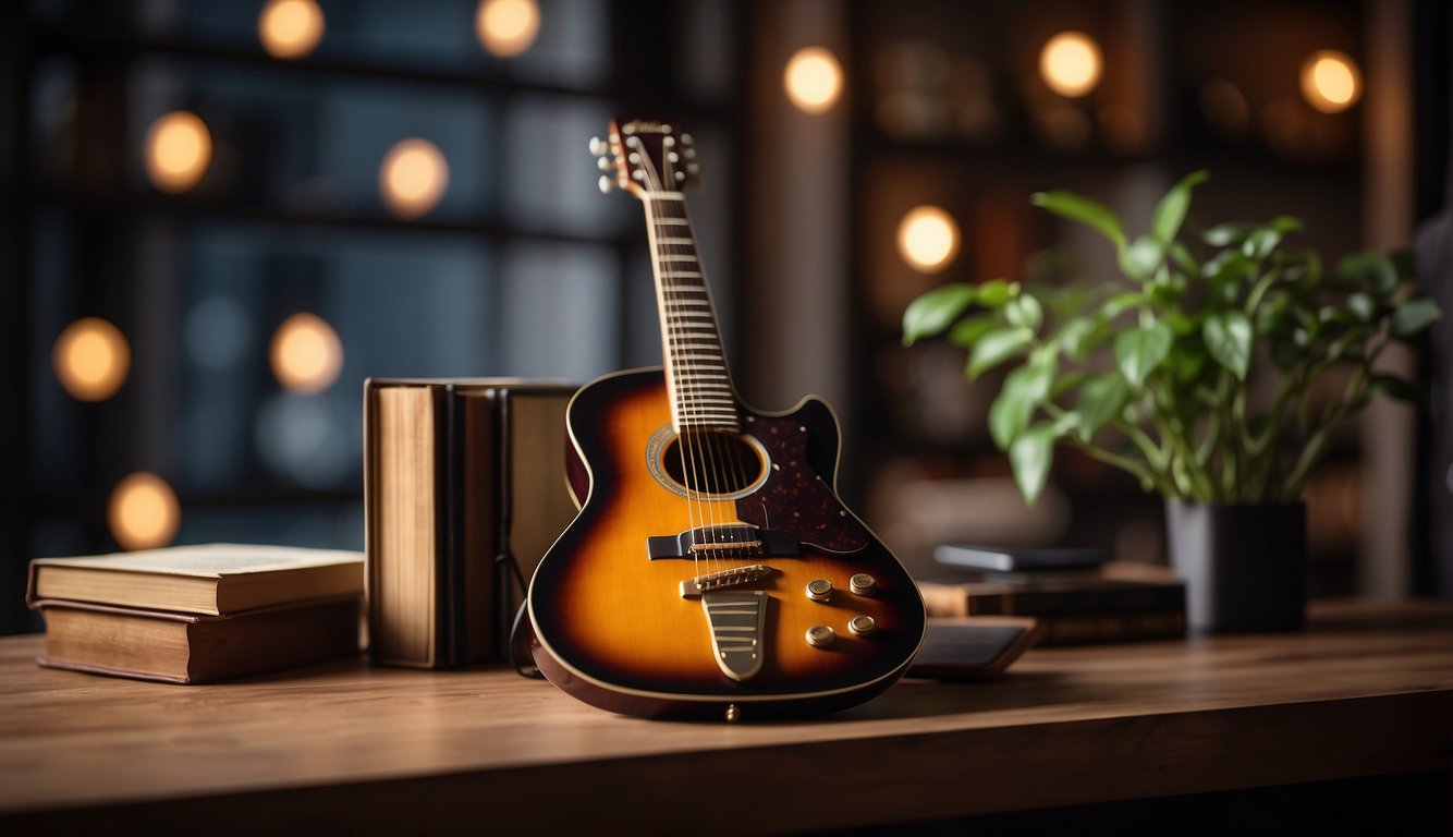 A guitar with 6 strings is laid out on a wooden table, surrounded by music books and a metronome. A beginner's guide to guitar playing is open next to it