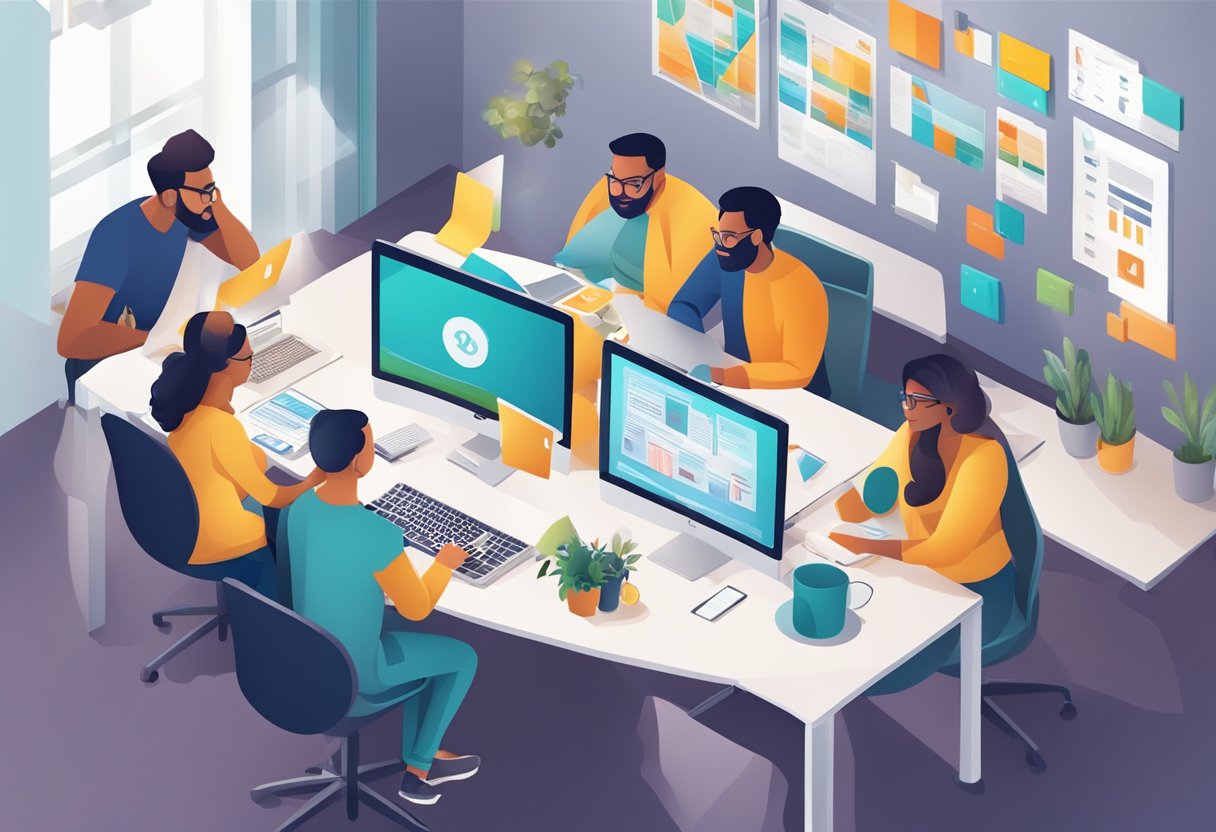 A bustling office with modern branding, collaborative workspaces, and a team of diverse professionals brainstorming creative marketing strategies
