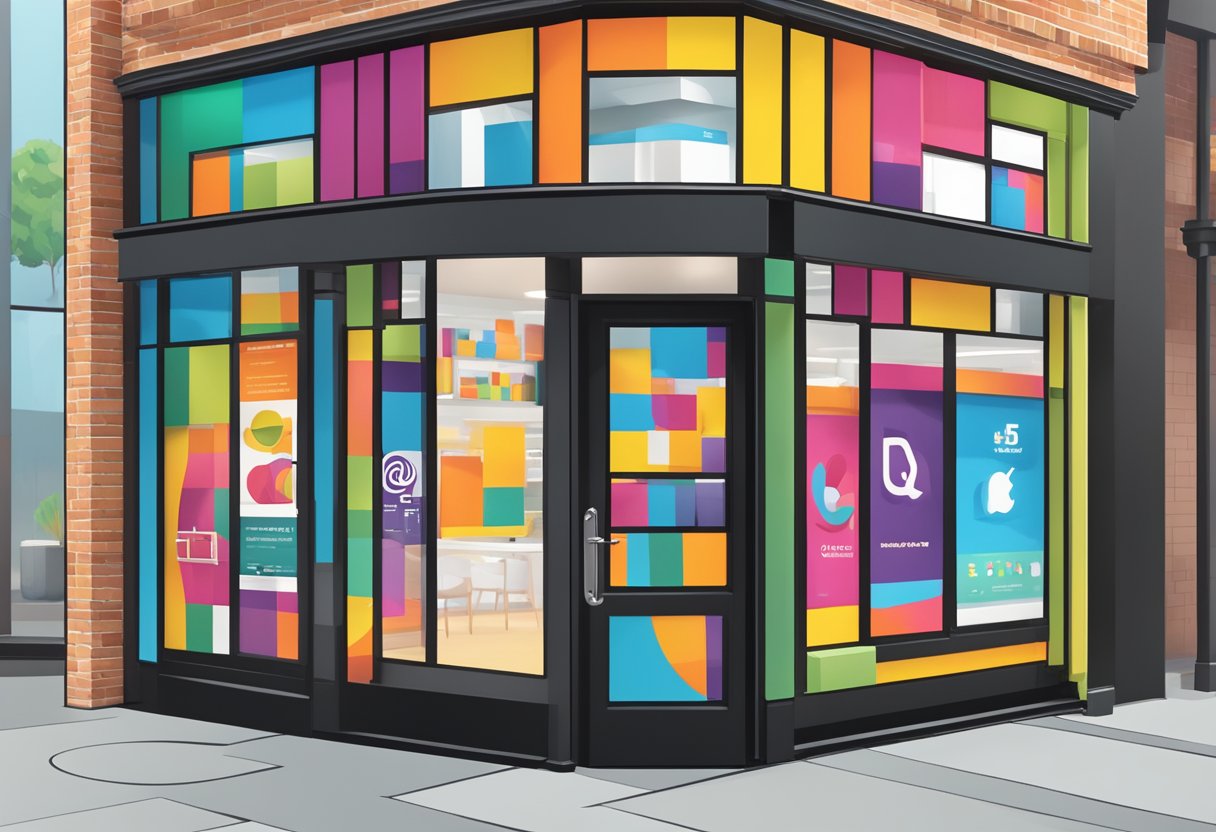 A digital agency logo displayed on a storefront window, surrounded by various franchise logos. Vibrant colors and bold text catch the eye